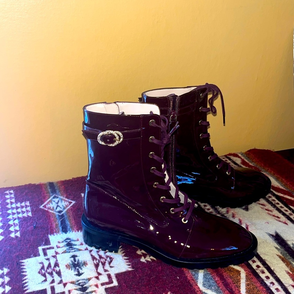Stuart Weitzman Crystal Buckle Lace-Up Burgundy Patent Bootie - Size 8.5